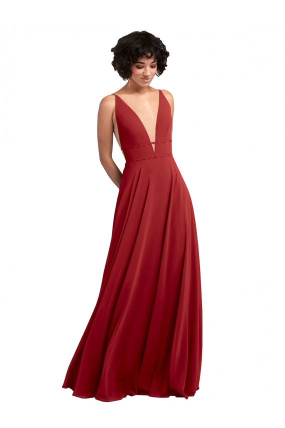 Desconto Vermelho Linha A Decote V Sem Mangas Comprimento Chão Vestido de Madrinha