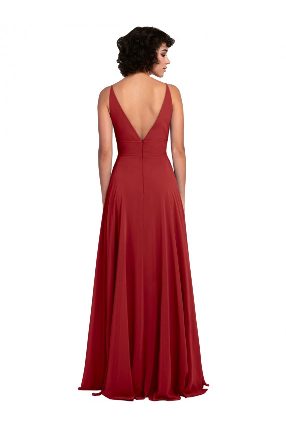 Desconto Vermelho Linha A Decote V Sem Mangas Comprimento Chão Vestido de Madrinha