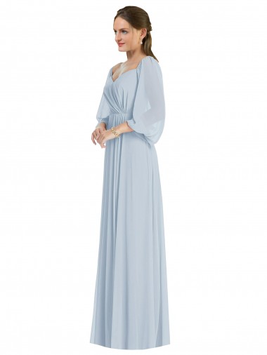 Desconto Vidro Marinho Linha A Fora do Ombro Mangas Bispo, Mangas Bufantes Comprimento Chão Vestidos de Madrinha / Vestidos de Noite