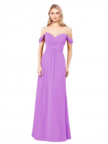 Desconto Violeta Linha A Fora do Ombro Sem Mangas Comprimento Chão Vestidos de Madrinha