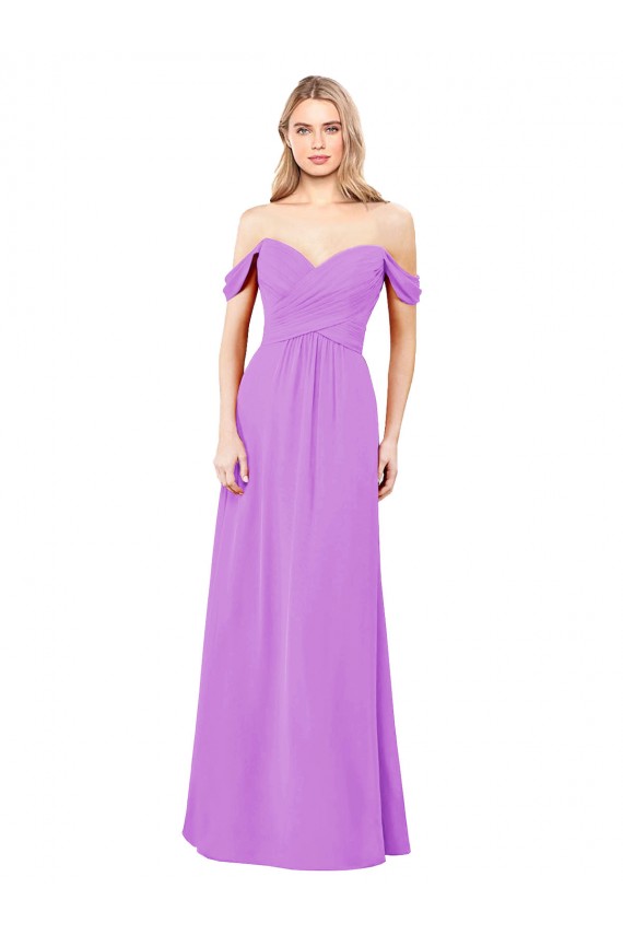 Desconto Violeta Linha A Fora do Ombro Sem Mangas Comprimento Chão Vestidos de Madrinha