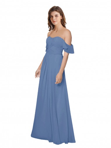 Desconto Windsor Azul Linha A Fora do Ombro Mangas Esvoaçantes Comprimento Chão Vestidos de Madrinha