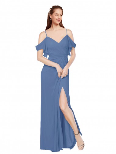 Desconto Windsor Azul Linha A Fora do Ombro Sem Mangas Comprimento Chão Vestidos de Madrinha