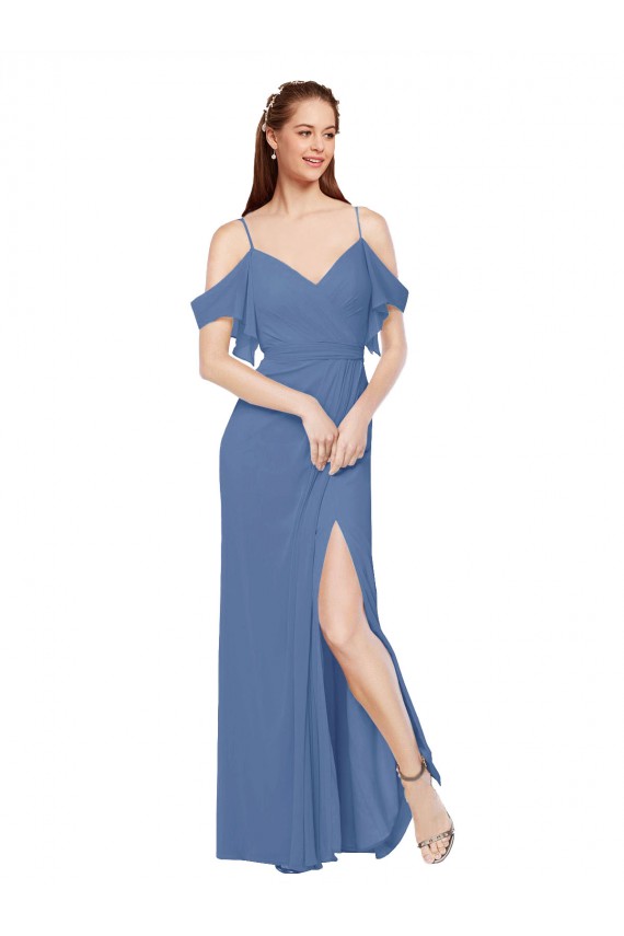 Desconto Windsor Azul Linha A Fora do Ombro Sem Mangas Comprimento Chão Vestidos de Madrinha