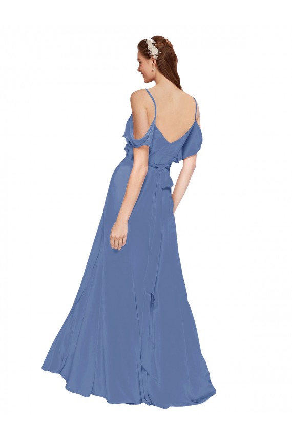 Desconto Windsor Azul Linha A Fora do Ombro Sem Mangas Comprimento Chão Vestidos de Madrinha