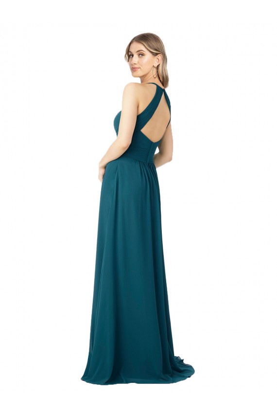 Desconto Windsor Azul Linha A Decote Alto Sem Mangas Comprimento Chão Vestidos de Madrinha