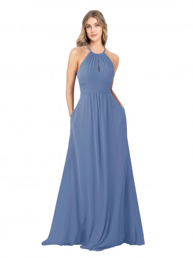 Desconto Windsor Azul Linha A Decote Alto Sem Mangas Comprimento Chão Vestidos de Madrinha
