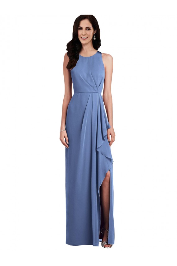 Desconto Windsor Azul Linha A Decote Joia Sem Mangas Comprimento Chão Vestidos de Madrinha