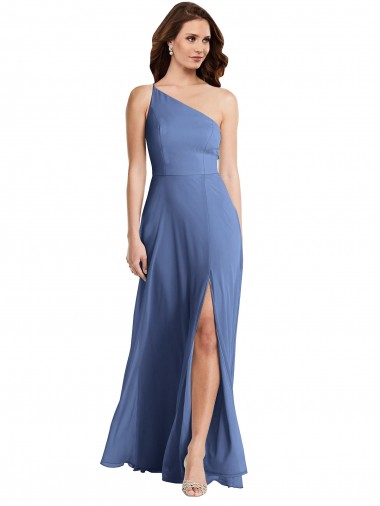 Desconto Windsor Azul Linha A Um Ombro Sem Mangas Comprimento Chão Vestidos de Madrinha / Vestidos de Noite